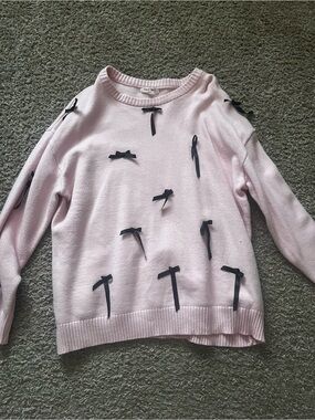 Stella Tweed Light Pink Crewneck Sweater with Black Ribbon Bows